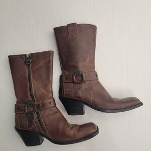 Mark Nason Leather Siren Boots  Sz 7 Harness Distressed Squared Toe Brown